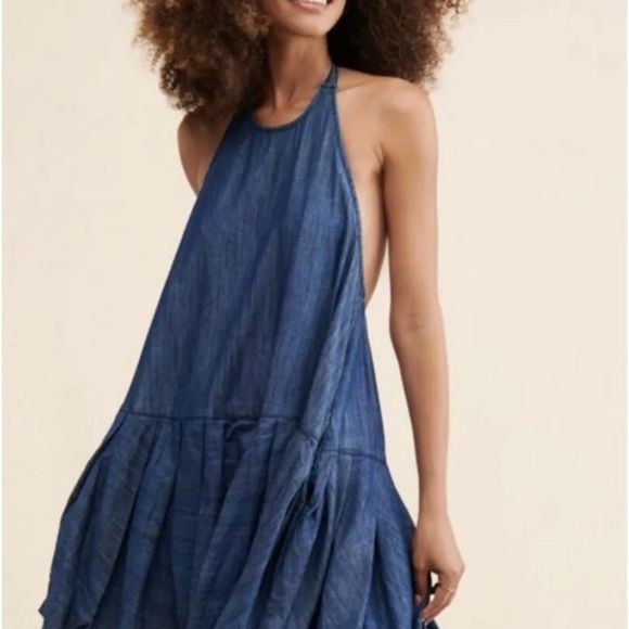 Free People Denim Backless Bubble Mini Dress Halter Pleated Ruffle Hem - Picture 1 of 6